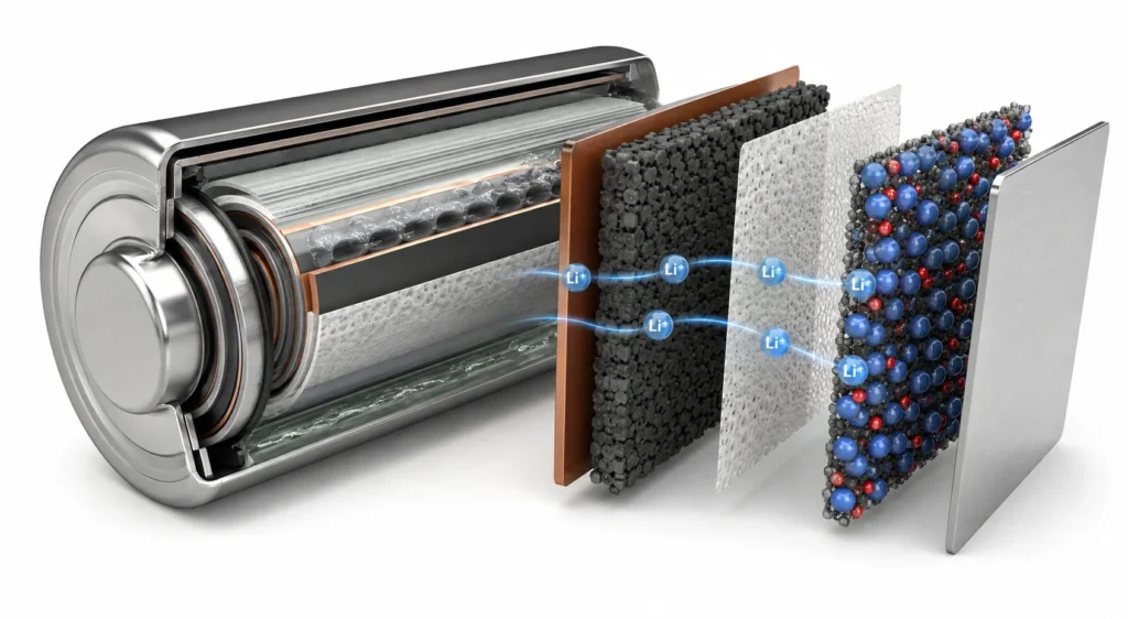 batteriefertigung Aufbau mit Anode, Kathode, Separator und Elektrolyt