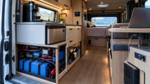 modern camper van interior with lithium battery system powering electrical appliances