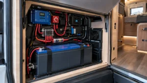 lithium-ion camper van battery system with BMS, fuse protection and charging connections